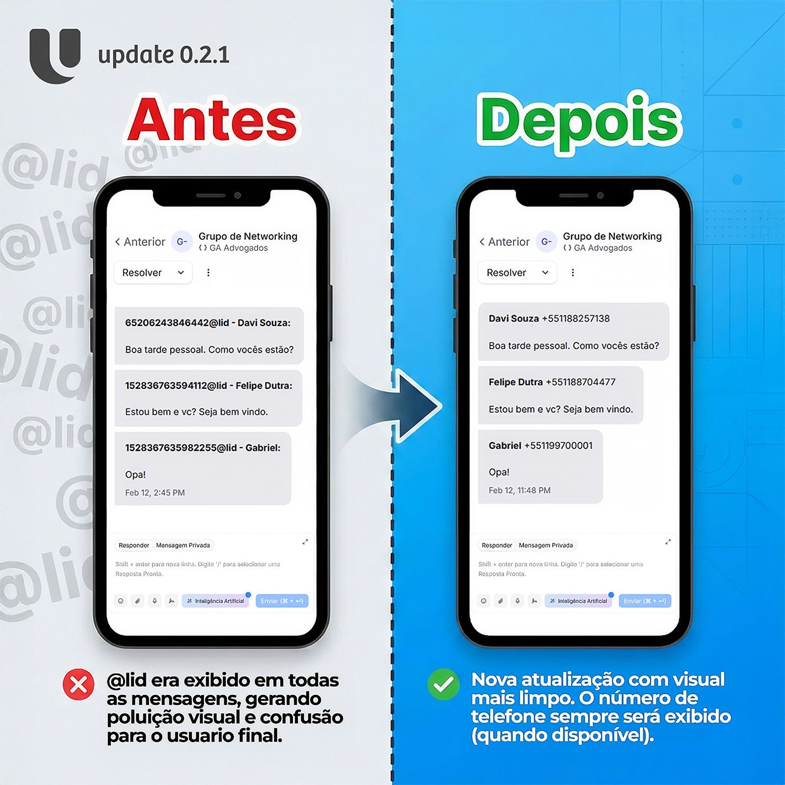 Comparação entre antes e depois da atualização 0.2.1